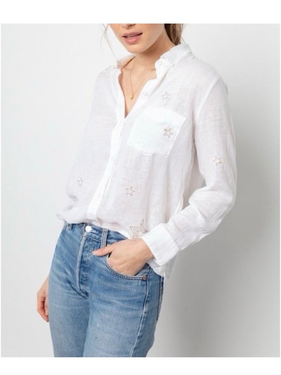 Rails Tops - Rails Charli button down metallic gold star white linen blend top, small